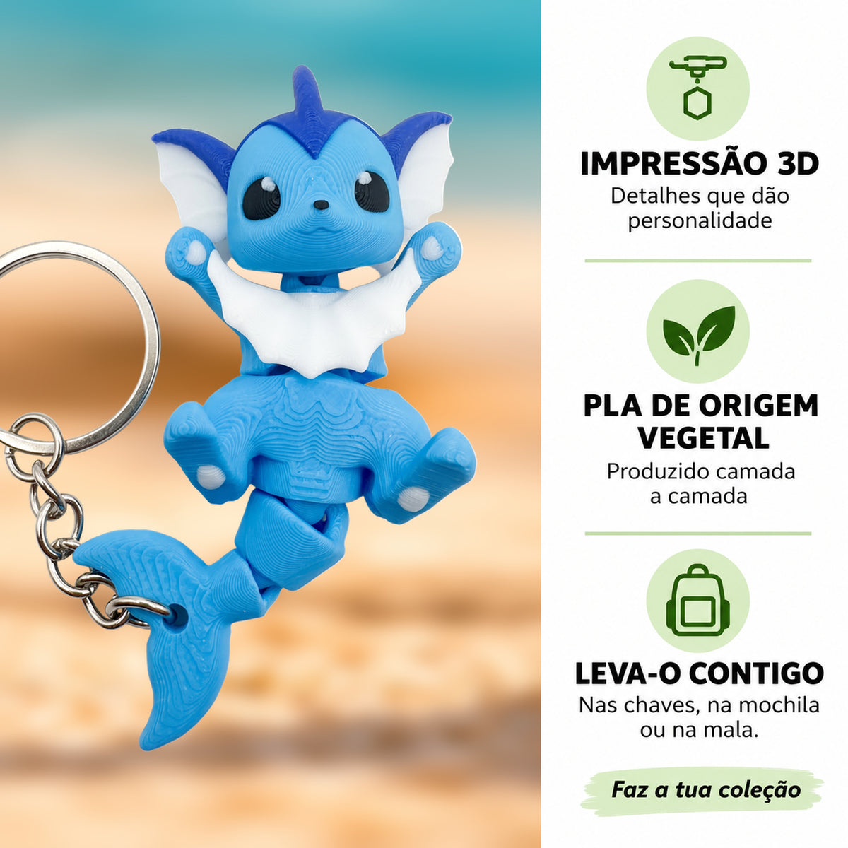 Porta-chaves Vaporeon em destaque com informações sobre impressão 3D e PLA