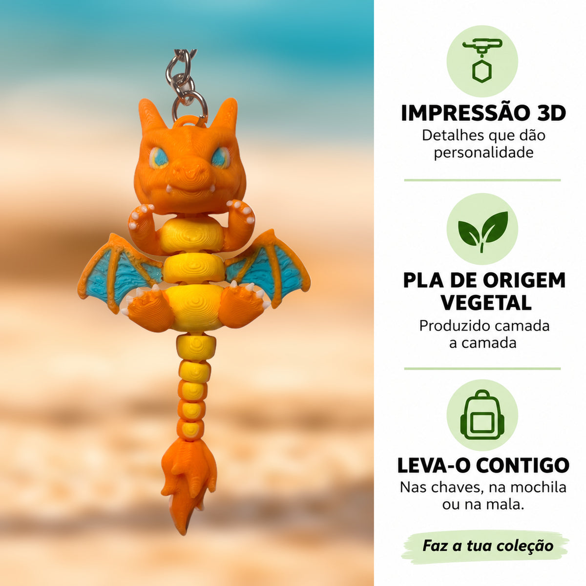 Porta-chaves Charizard em destaque com informações sobre impressão 3D e PLA