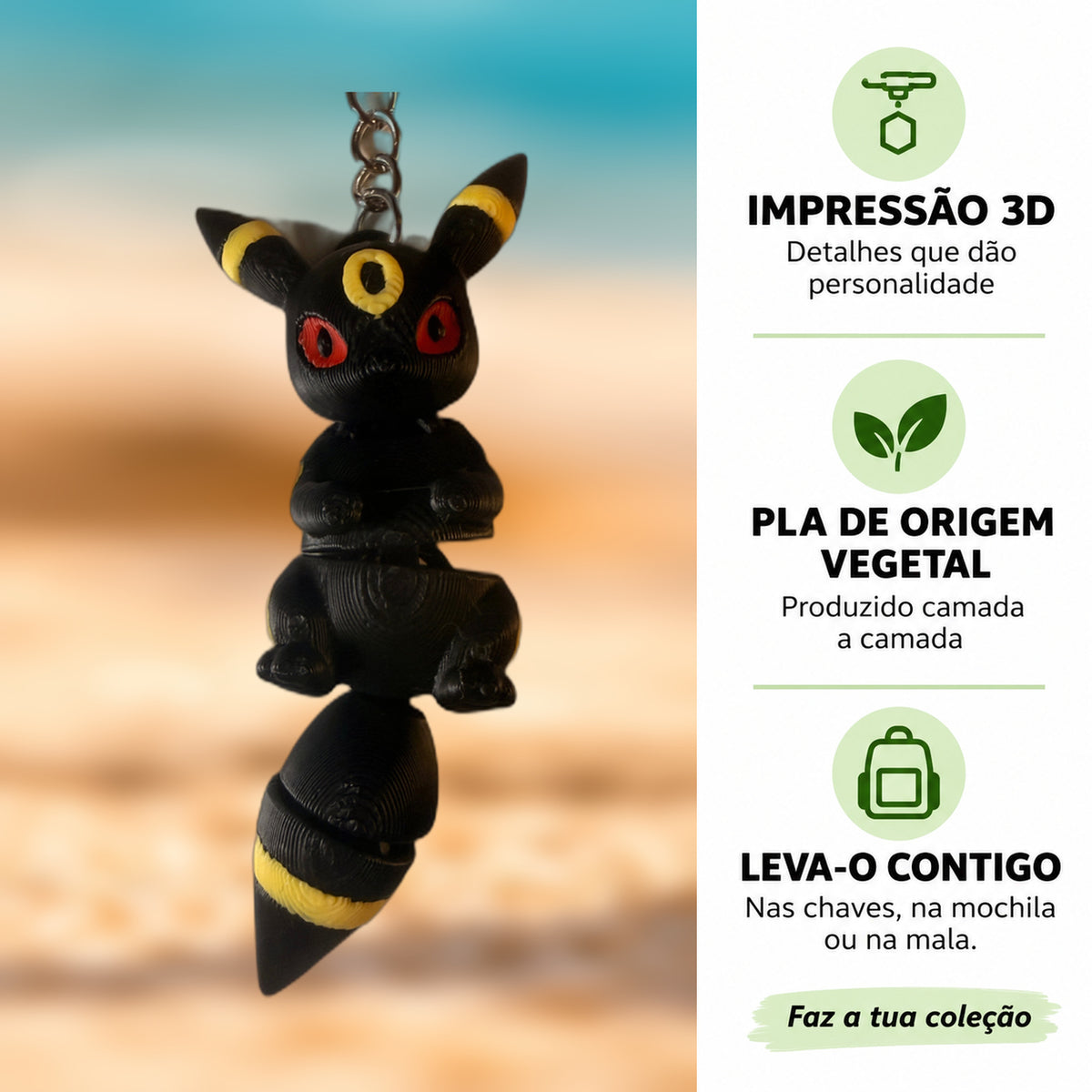 Porta-chaves Umbreon em destaque com informações sobre impressão 3D e PLA