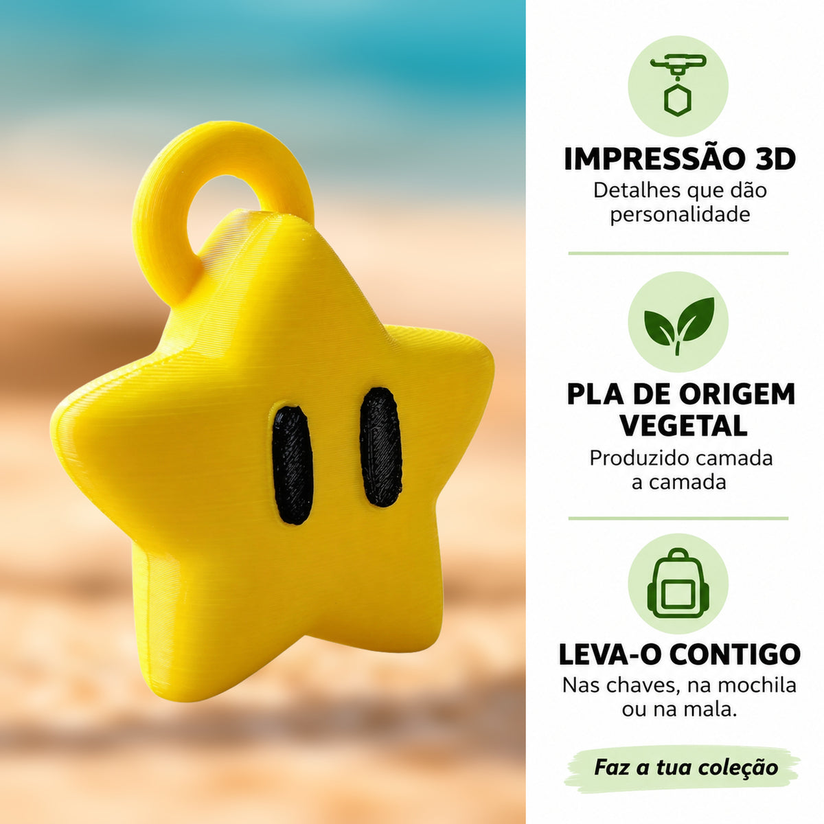 Porta-chaves Estrela Super Mario em destaque com informações sobre impressão 3D e PLA