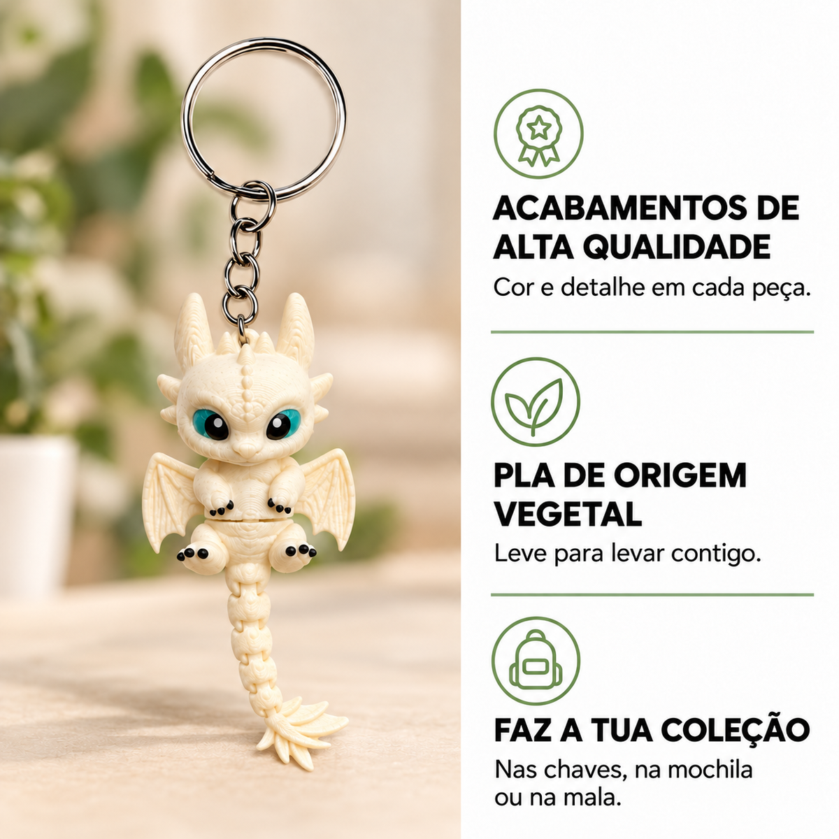 Porta-chaves Fúria da Luz com informações sobre acabamento, material e coleção