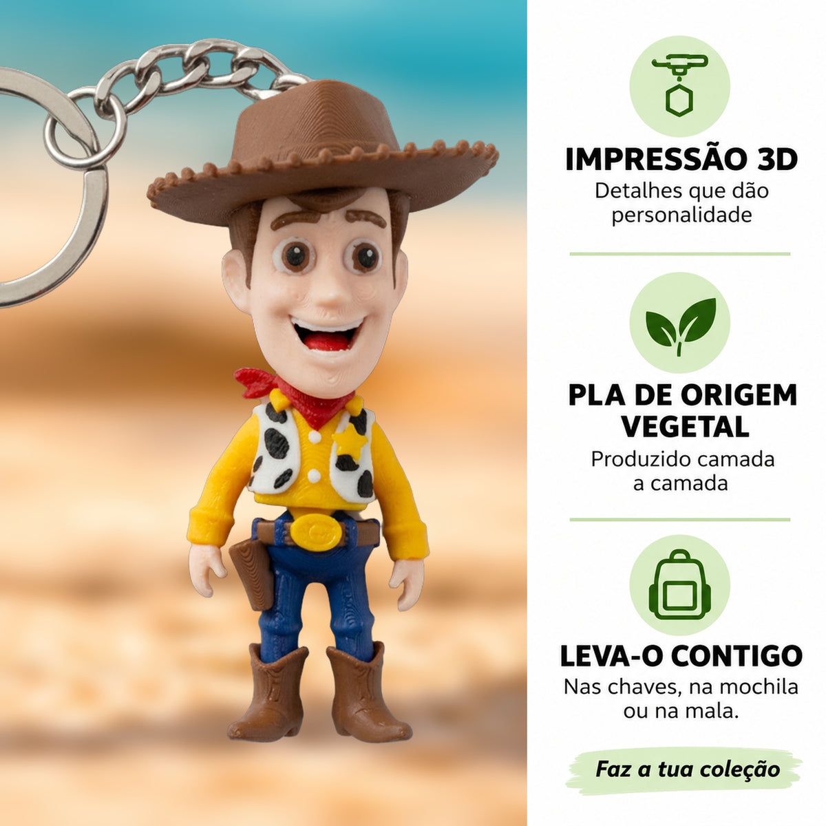 Porta-chaves Woody em destaque com fundo desfocado, impressão 3D e PLA de origem vegetal.